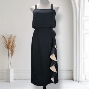 Vintage 90s Sebastian Black Wool Knit Dress Size 6 Italy Midi Cocktail Ruffle